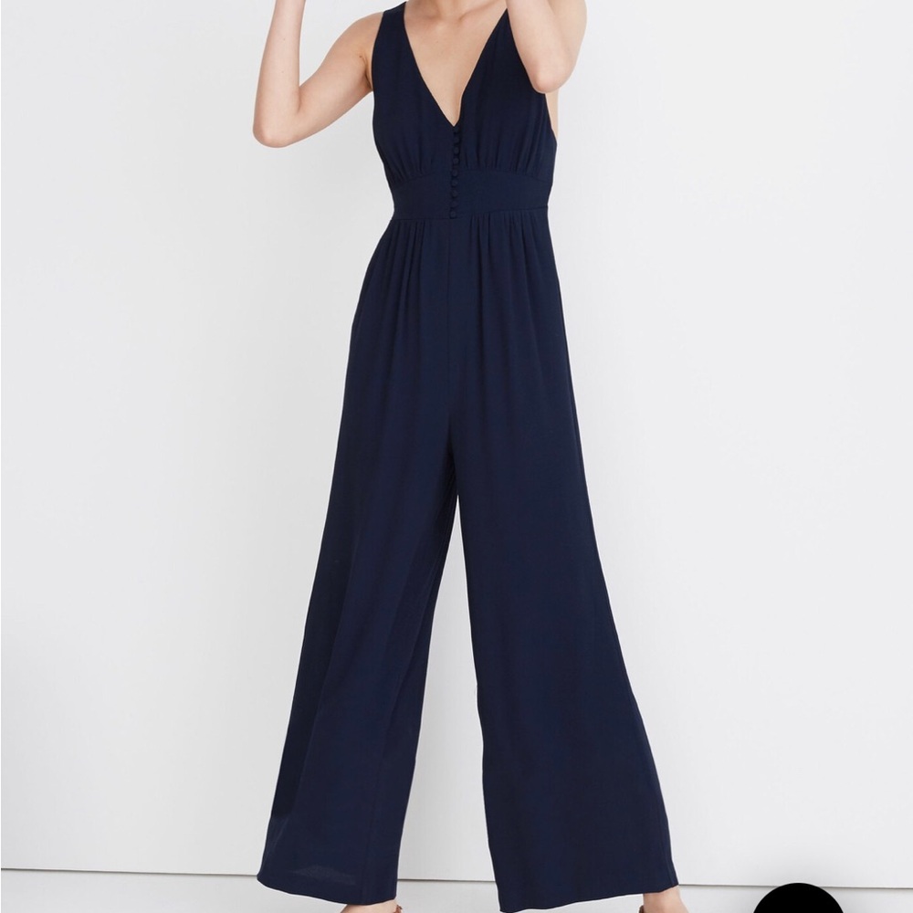Madewell (Size 4) Elegant V-Back Wide-Leg Jumpsuit, Button-Up Backless, Navy